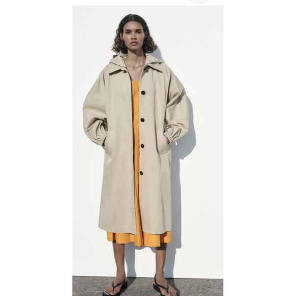 ZARA Full trench coat cotton  balloon sleeve elastic cuff Front contrasting SZ M - Picture 1 of 16